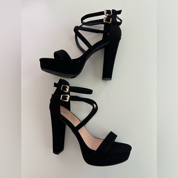 Suede Black High Heel Platform Pump Sandals - Picture 4 of 10